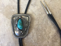 BOLO TIE NAVAJO SILVER TRAPEZOID SHAPED WITH OVAL SINGLE ONE TURQUOISE SILVER LEAF PATTERN DESIGN T  SOLD