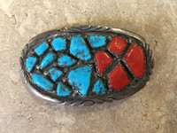 BELT BUCKLES ZUNI OVAL CLUSTER 16 MULTI-STONES TURQUOISE & CORAL Wayne Cheama 