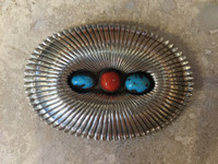 BELT BUCKLE NAVAJO LARGE OVAL LINED DOMED STERLING SILVER TURQUOISE & CORAL Tony Joe
