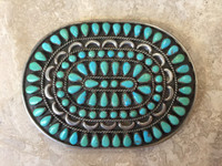 BELT BUCKLES ZUNI LARGE OVAL CLUSTER TURQUOISE STERLING SILVER T