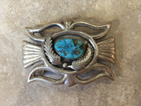 BELT BUCKLE NAVAJO RECTANGULAR TURQUOISE SILER DOUBLE LEAF E