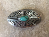 BELT BUCKLE HOPI OVAL SILVER OVERLAY TURQUOISE Bobby Tewa SOLD