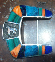 BELT BUCKLE RANGER STYLE SILVER HORSE MULTI-COLOR INLAY BEN NIGHTHORSE CAMPBELL