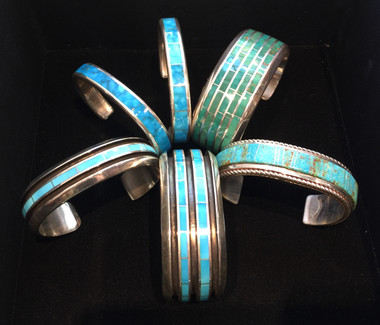 Men's Turquoise Inlay Bracelet selection... We have many, hundreds of  bracelets for men and women... here are but a few of Turquoise inlay bracelets we currently have in the Gallery as of 9/25/2019. Here you see a variety of shades and widths and styles. These are authentic Zuni Bracelets. The photos showing one bracelet is the one that you bracelet you can buy on this listing.  Others will soon be listed.