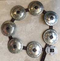 BEAUTIFUL CONCHO BELT 7 LARGE 3 3/4" ROUND CONCHOS HAND WROUGHT INGOT SILVER SOLD