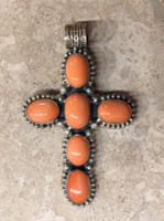 PENDANT RARE SALMON CORAL CROSS 6 LARGE OVAL CABOCHONS NON-NATIVE DON LUCUS 