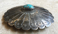 BELT BUCKLE NAVAJO STAMPED SILVER SINGLE TURQUOISE STONE SCALLOPED EDGES