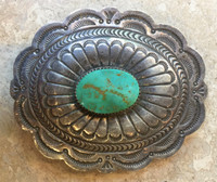 BELT BUCKLES  NAVAJO OVAL SILVER STAMPED SCALLOPED EDGES SINGLE OVAL GREEN TURQUOISE STONE SUZIE JAMES