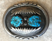 BELT BUCKLES NAVAJO OVAL 2 TURQUOISE KINGMAN NUGGETS OVERLAYING SILVER SHADOWBOX STYLE LEONARD T CHEE 