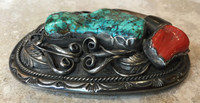 BELT BUCKLES ESTATE PAWN APACHE TURQUOISE CORAL LEAF BEARCLAW DESIGN SIGNED DARRELL VICTOR_1 