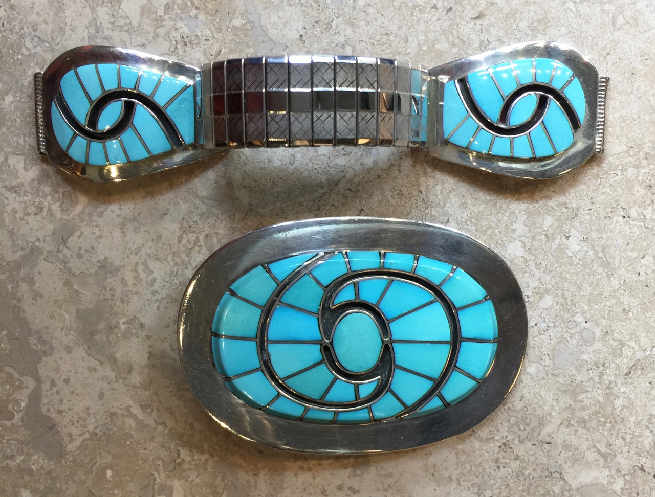 BELT BUCKLE ZUNI SLEEPING BEAUTY TURQUOISE HUMMINGBIRD DESIGN 