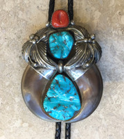 BOLO TIE NAVAJO DOUBLE BEAR CLAW KINGMAN TURQUOISE OXBLOOD CORAL BUFFALO STAMP SIGNATURE HW Harry Martinez SOLD