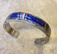 BRACELET NAVAJO SILVER LAPIS RAISED INLAY OPAL TURQUOISE CORAL GOLD  RAYMOND YAZZIE SOLD