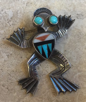 ZUNI PAWN MULTI-STONE TURQUOISE JET CORAL INLAY FROG PIN PENDANT SOLD