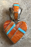 CONTEMPORARY NAVAJO ORANGE SPINY AND TURQUOISE INLAY HEART PENDANT SOLD