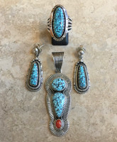 EARRINGS (SOLD) PENDANT (SOLD) RING (AVAILABLE ONLY) NAVAJO STERLING SPIDERWEB TURQUOISE WIL VANDEVER A. JAKE DARREL VICTOR  