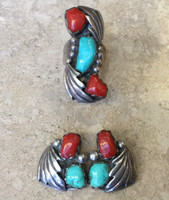 ZUNI PAWN ESTATE EARRING CLIP RING 7.5 TURQUOISE & CORAL LEAF SET  