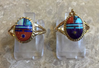 RINGS ZUNI SUNFACE 14KT GOLD MULTI-STONE INLAY CORAL TURQUOISE LAPIS OPAL 7 1/4 _1