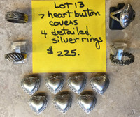 BACKROOM BARGAINS LOT#13 HEART BUTTON COVERS 7 SILVER DETAILED RINGS 4 