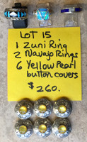 BACKROOM BARGAINS LOT #15 ZUNI RING 1, NAVAJO RINGS 2, YELLOW BUTTON COVERS 6 