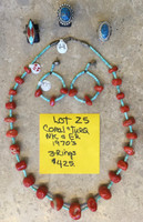BACKROOM BARGAINS LOT # 25 TURQUOISE HEISHI CORAL NUGGET CHOKER NECKLACE & EARRING SET 1970'S SET 3 ZUNI & NAVAJO TURQUOISE & CORAL RINGS