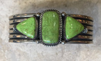 BRACELET NAVAJO GASPEITE 3 STONE RECTANGULAR CENTER TWO OUTSIDE TRIANGLES LINED CUFF DESIGN 6 3/8"  A. JAKE 1 