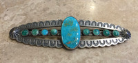 1940'S ESTATE PAWN TURQUOISE PIN NAVAJO STERLING SILVER STAMPWORK REPOSSE` 