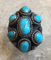 RINGS NAVAJO TURQUOISE LARGE OVAL 7 STONE SIGNED OLC SIZE 9 1/4