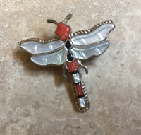 ZUNI PIN PENDANT RED AND WHITE DRAGONFLY SIGNED