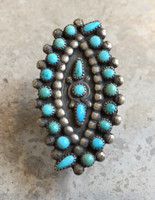 RING ZUNI 17 ROUND PETTIPOINT 4 TEARDROP TURQUOISE STONES SIZE 7 1/2 SOLD