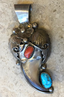 ZUNI TURQUOISE & CORAL BEAR CLAW PENDANT SILVER JT 