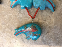 ZUNI 11 TURQUOISE BEAR FETISH NECKLACE WITH CORAL HESHI DOUBLE SIDED HEARTLINE ANDRES QUANDELACY