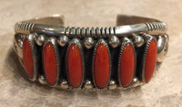 BRACELET NAVAJO 6 VERTICAL STONES OVAL RARE CORAL CABOCHONS 2 WIRE CUFF 