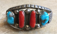 BRACELETS NAVAJO 2 TURQUOISE 2 CORAL TAPERED SILVER CUFF 5 3/4" 