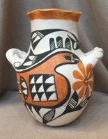 POTTERY ACOMA POLYCHROME DOUBLE HANDLED PINCHED PIE TOP JAR BIRD FLORAL MOTIF EVA HISTIA_4