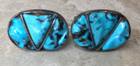 NAVAJO PAWN TURQUOISE NUGGET RAISED INLAY OVAL CUFF LINKS