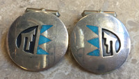 NAVAJO TURQUOISE INLAY SILVER ROUND SHAPED HOPI OVERLAY STYLE CUFF LINKS WILLIE YAZZIE