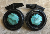 ZUNI PAWN CARVED TURQUOISE NUGGET NAVAJO STYLE SILVER ROPE DESIGN SHADOWBOX CUFF LINKS