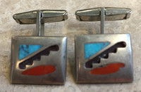 NAVAJO CORAL TURQUOISE INLAY HOPI STYLE SILVER OVERLAY CUFF LINKS