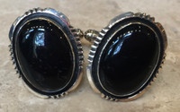 NAVAJO STERLING SILVER SHADOWBOX STATIONARY OVAL ONYX CABOCHON CUFF LINKS  DENETDALE_1