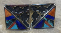 NAVAJO SILVER MULTI-STONE INLAY TURQUOISE LAPIS ORANGE SPINY OYSTER SHELL CUFF LINKS_2 