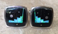 NAVAJO CONTEMPORARY SILVER ONYX OPAL MULTI-STONE INLAY CUFF LINKS SOLD