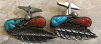 ZUNI PAWN CUFF LINKS CORAL AND TURQUOISE LEAF MOTIF 