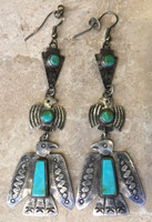 NAVAJO PAWN RARE THUNDERBIRD LONG DANGLE SILVER TURQUOISE FRENCH WIRE EARRINGS 