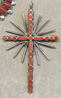 Zuni Orange Coral Inlay Sterling Silver Cross Pendant  