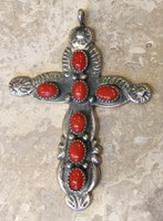 NAVAJO 7 STONE OVAL CORAL CROSS SIGNED AS 