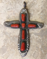ZUNI SIGNED STERLING CORAL CROSS SIGNED IULE
