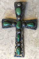 NAVAJO LARGE STERLING SILVER STAMPED CROSS GREEN TURQUOISE 6 STONES SIGNED 