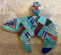 NAVAJO MULTI-STONE INLAY SLEEPING BEAUTY TURQUOISE LAPIS SPIDERWEB TURQUOISE PURPLE SPINY OYSTER SHELL OPAL BEAR PENDANT 2 