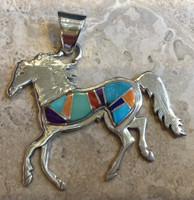 NAVAJO CONTEMPORARY SILVER MULTI-STONE  INLAY TURQUOISE VARACITE SUGILITE LAPIS LIGHT AND DARK ORANGE SPINY OYSTER SHELL HORSE PENDANT TSF CALVIN BEGAY